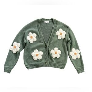 Threaded Leaf Floral Accent Green Oversized Cottagecore Cardigan Sweater Size M